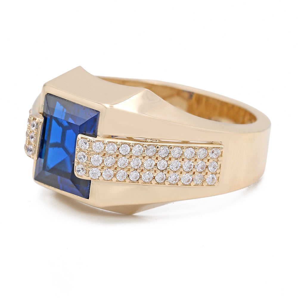 14K Yellow Gold Blue Color Center Stone Ring with Cubic Zirconias