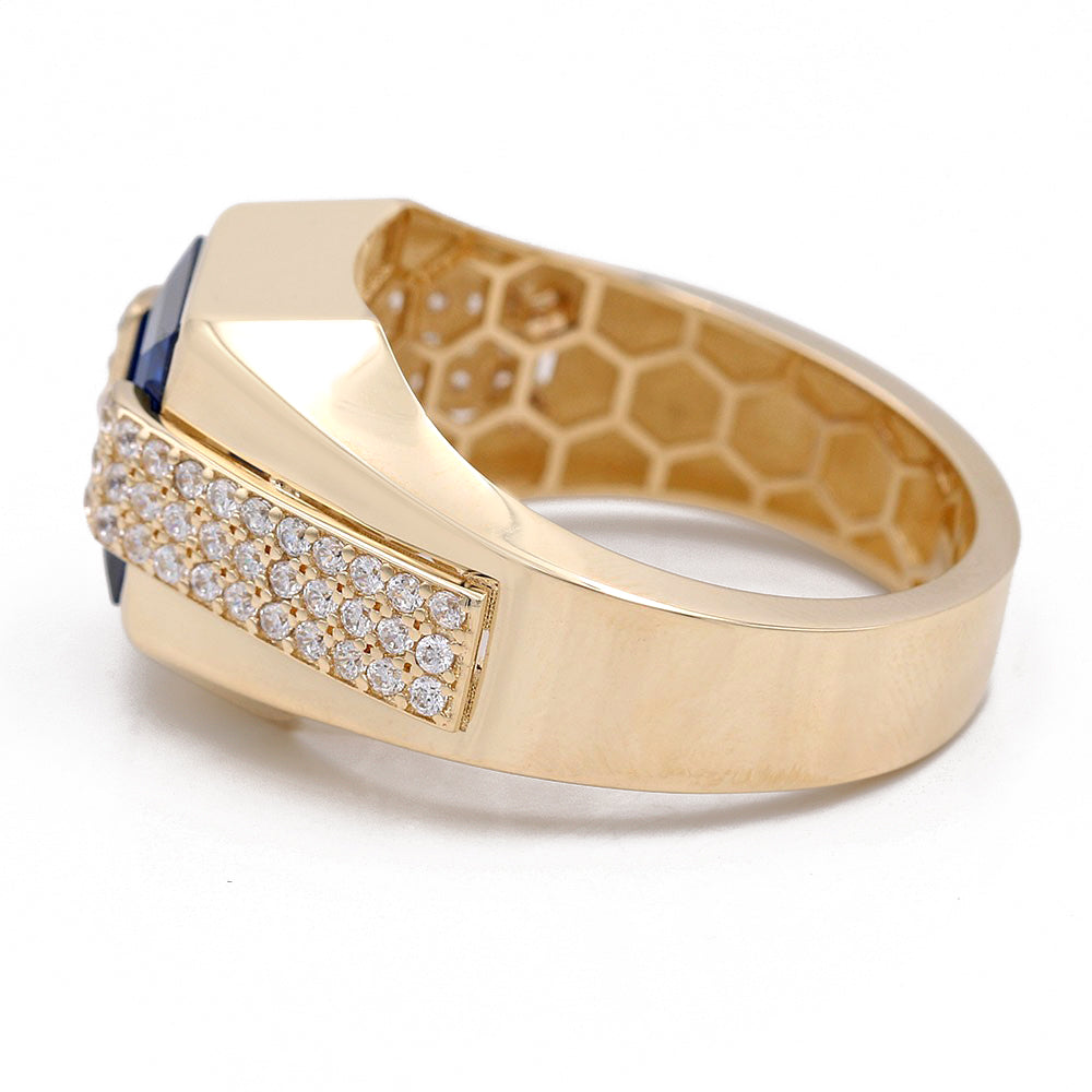14K Yellow Gold Blue Color Center Stone Ring with Cubic Zirconias