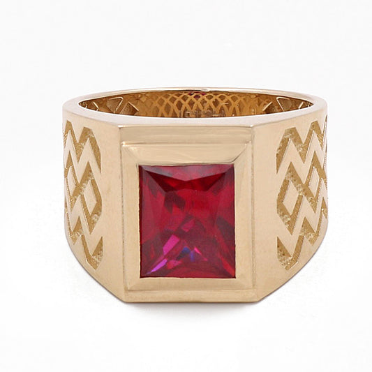 14K Yellow Gold Men's Ring with Red Center Stone