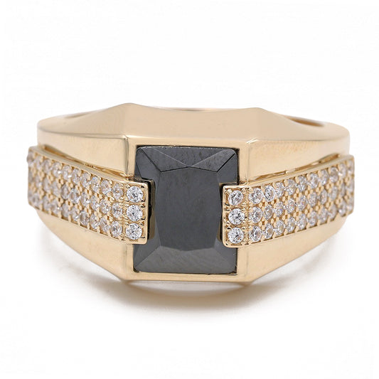 14K Yellow Gold Black Color Center Stone Ring with Cubic Zirconias