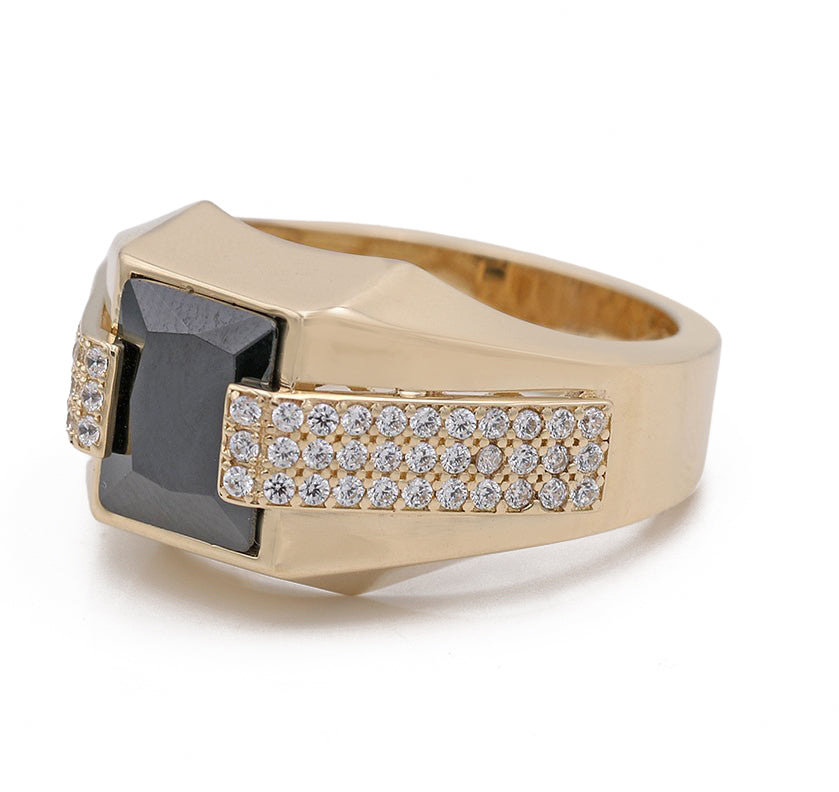 14K Yellow Gold Black Color Center Stone Ring with Cubic Zirconias
