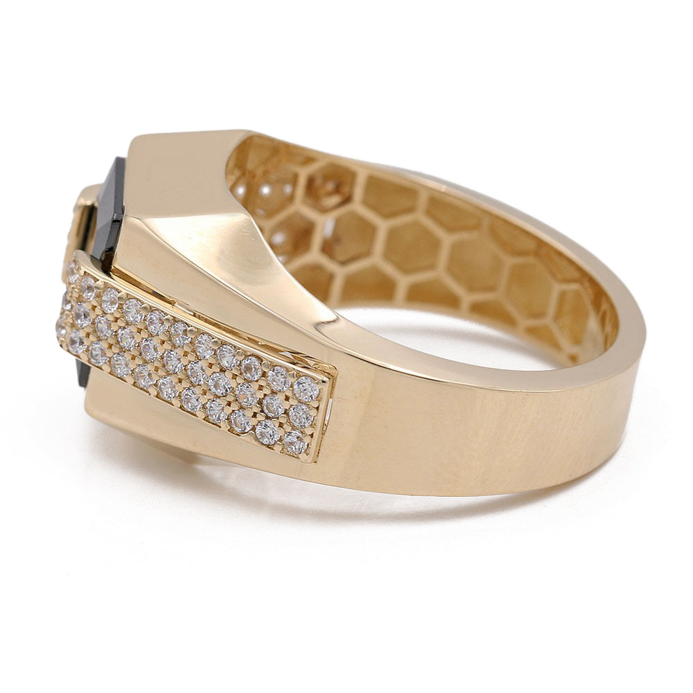 14K Yellow Gold Black Color Center Stone Ring with Cubic Zirconias