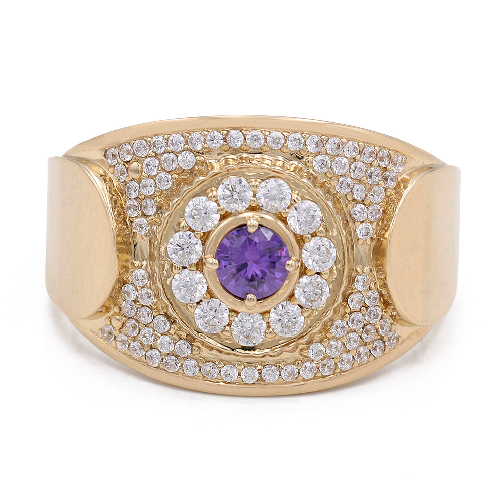 14K Yellow Gold Purple Color Center Stone Ring with Cubic Zirconias