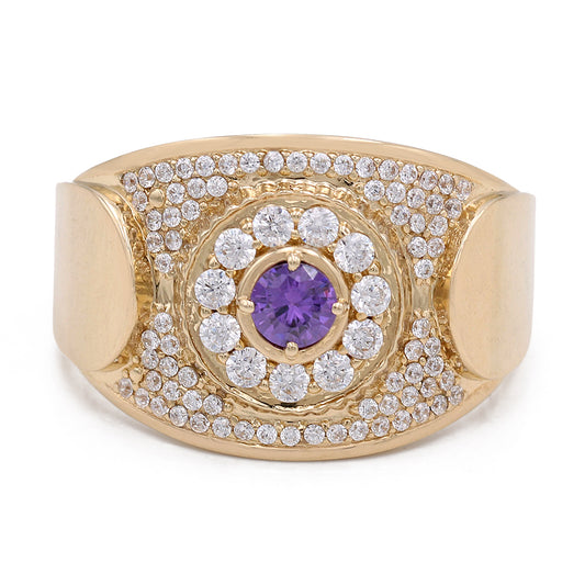 14K Yellow Gold Purple Color Center Stone Ring with Cubic Zirconias