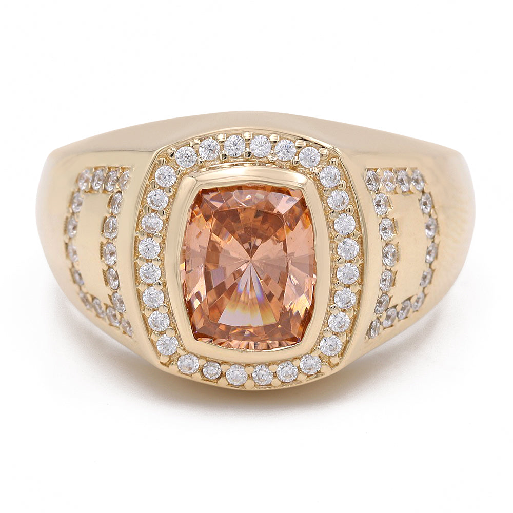 14K Yellow Gold Light Brown Color Center Stone Ring with Cubic Zirconias