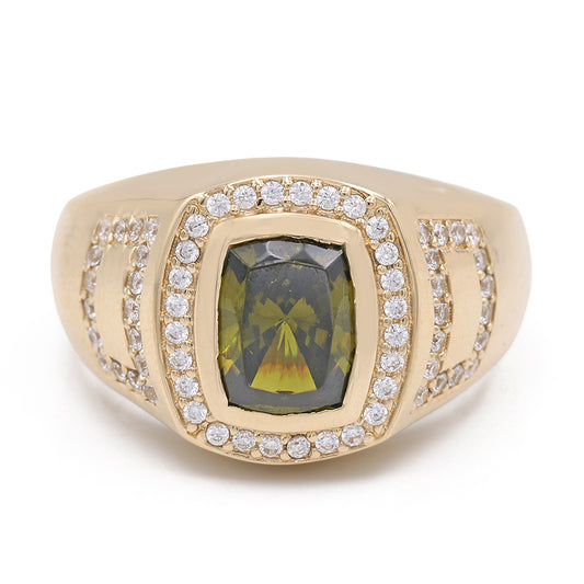 14K Yellow Gold Green Color Center Stone Ring with Cubic Zirconias