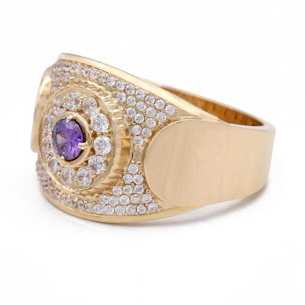 14K Yellow Gold Purple Color Center Stone Ring with Cubic Zirconias
