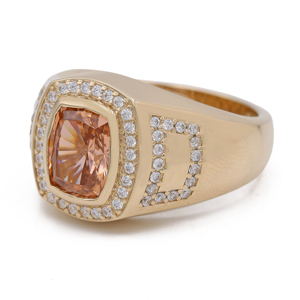 14K Yellow Gold Light Brown Color Center Stone Ring with Cubic Zirconias
