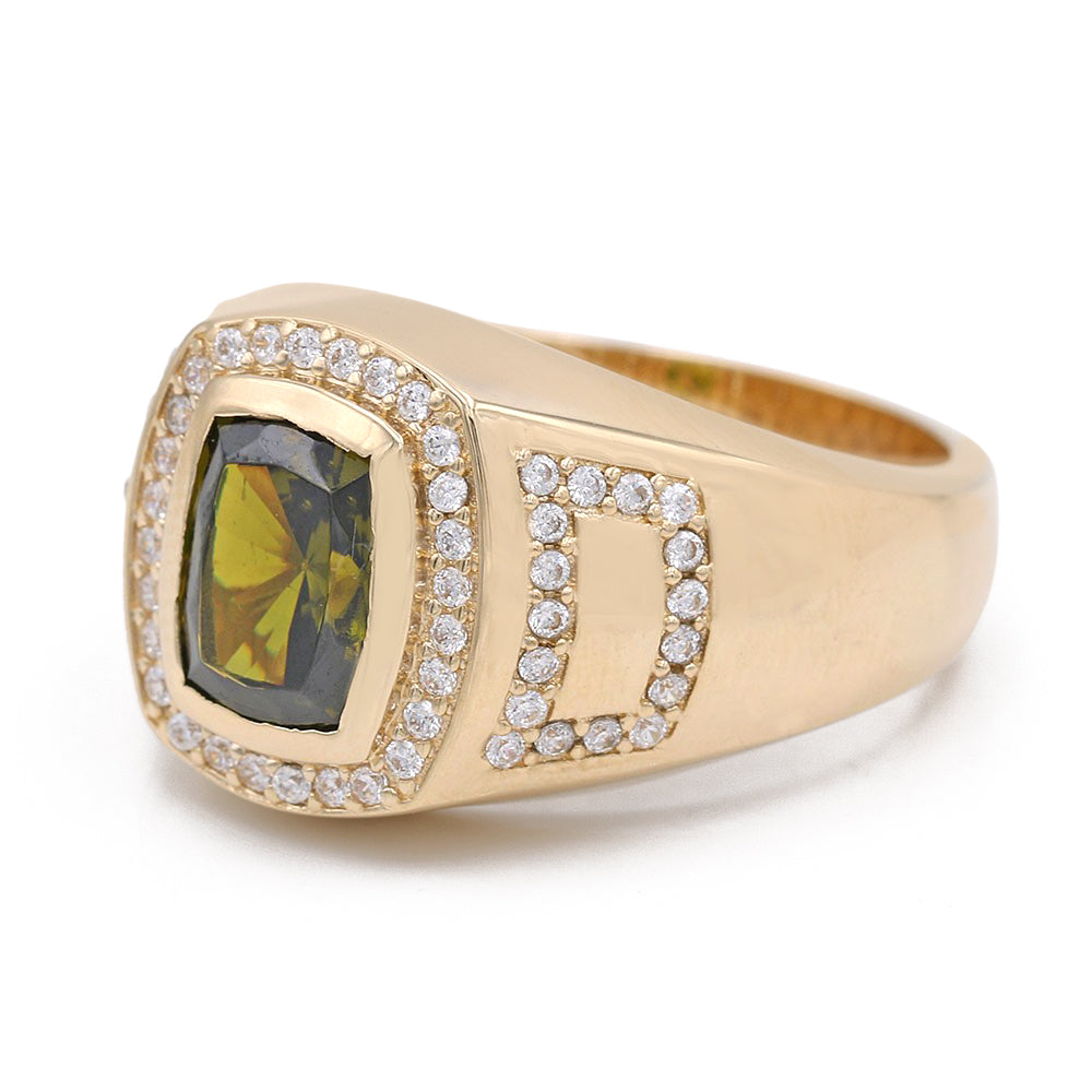 14K Yellow Gold Green Color Center Stone Ring with Cubic Zirconias