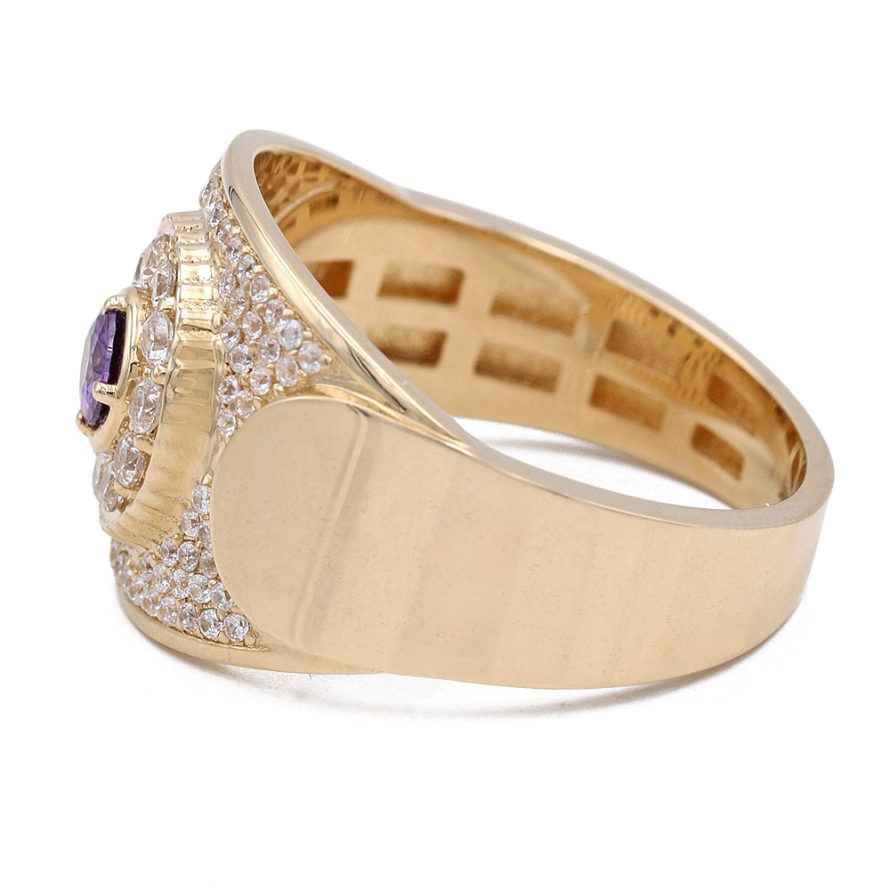14K Yellow Gold Purple Color Center Stone Ring with Cubic Zirconias