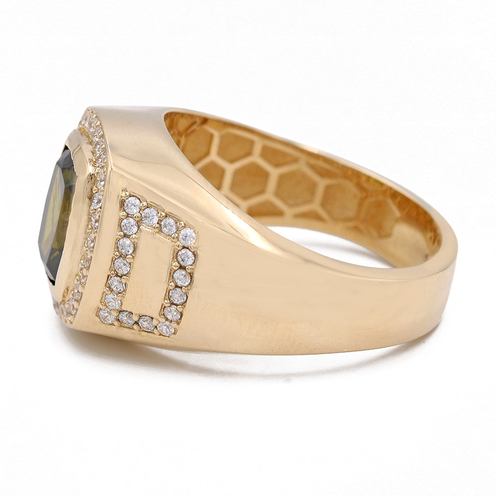 14K Yellow Gold Green Color Center Stone Ring with Cubic Zirconias