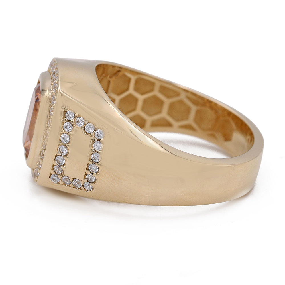 14K Yellow Gold Light Brown Color Center Stone Ring with Cubic Zirconias