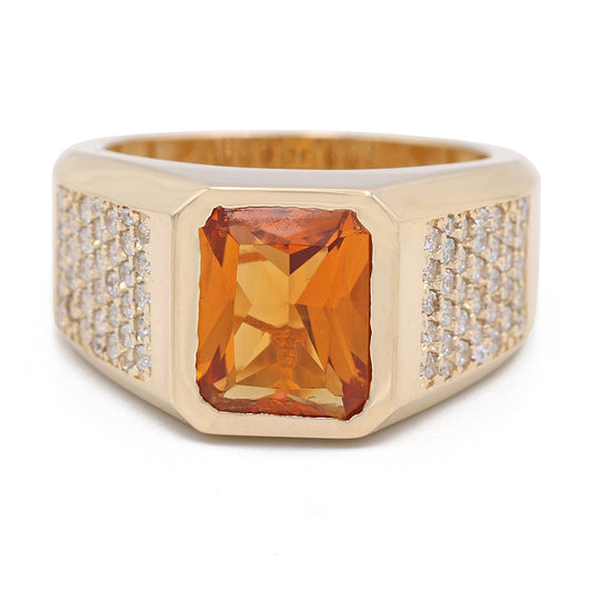 14K Yellow Gold Orange Color Center Stone Ring with Cubic Zirconias