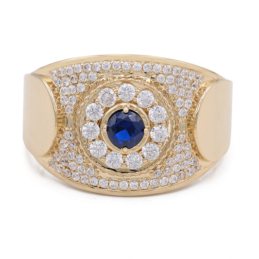 14K Yellow Blue Color Center Stone Ring with Cubic Zirconias
