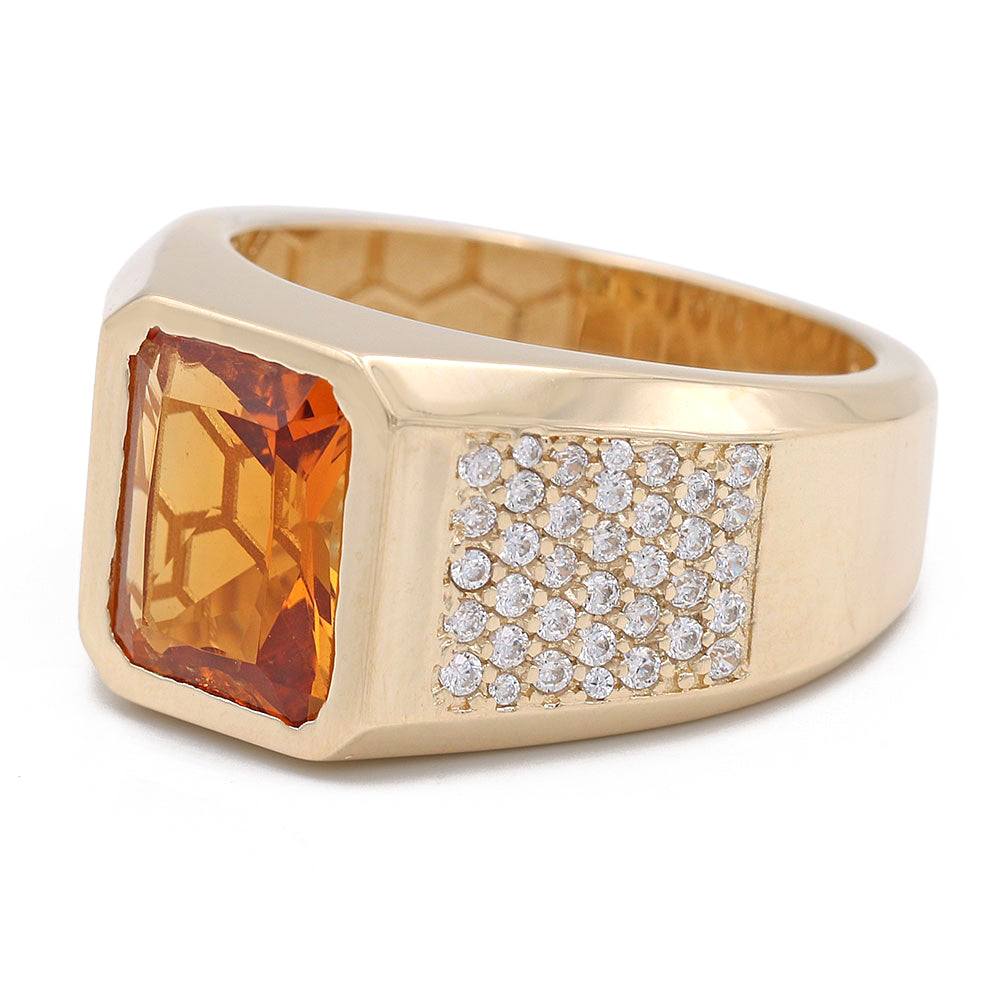 14K Yellow Orange Color Center Stone Ring with Cubic Zirconias