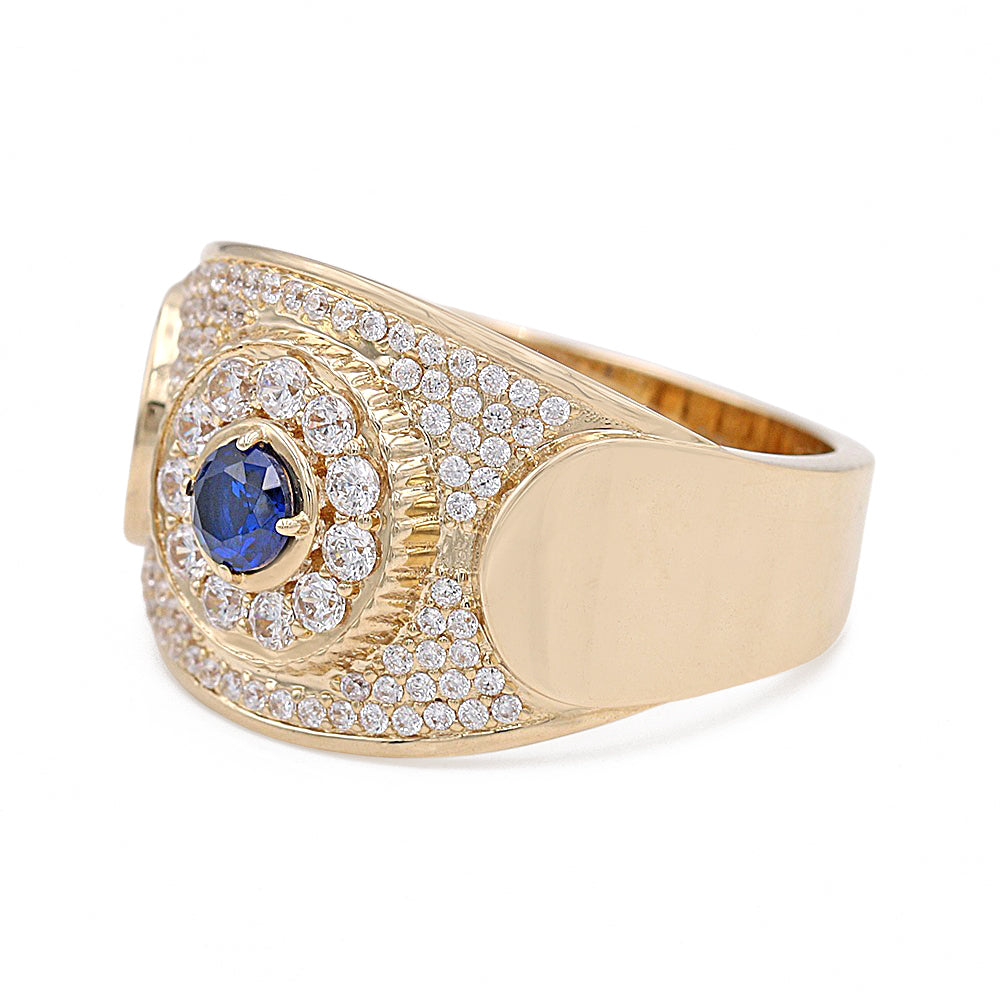 14K Yellow Gold Blue Color Center Stone Ring with Cubic Zirconias