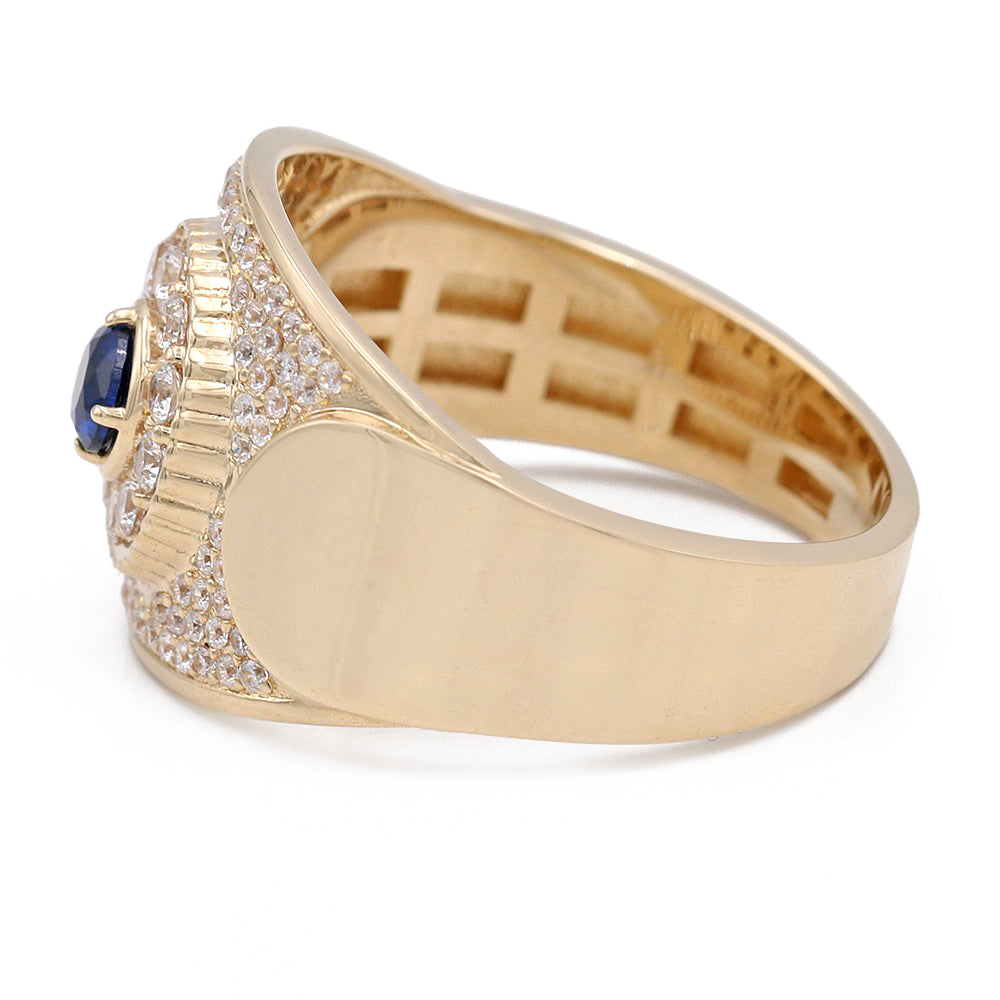 14K Yellow Gold Blue Color Center Stone Ring with Cubic Zirconias