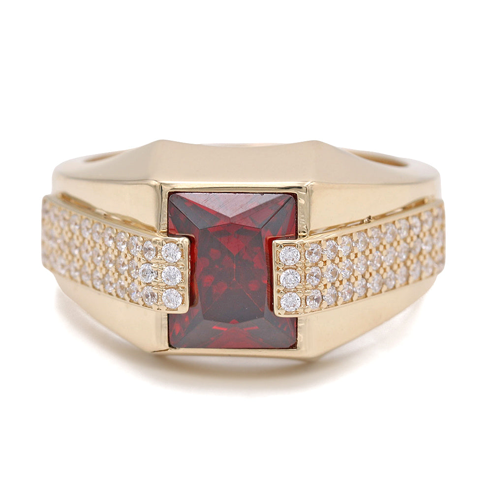 14K Yellow Gold Ruby Color Center Stone Ring with Cubic Zirconias
