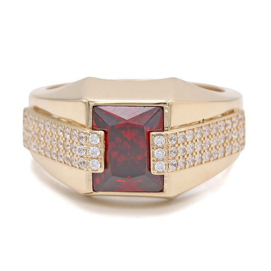 14K Yellow Gold Ruby Color Center Stone Ring with Cubic Zirconias