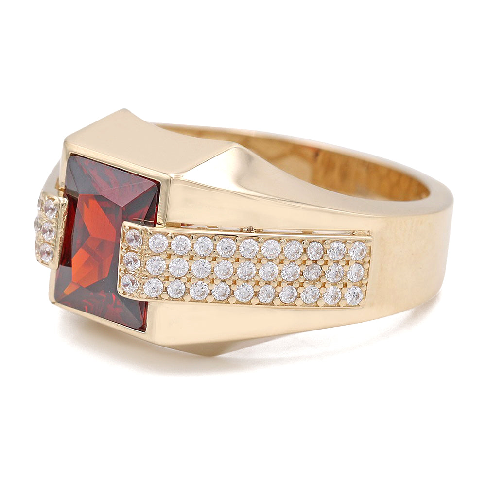 14K Yellow Gold Ruby Color Center Stone Ring with Cubic Zirconias