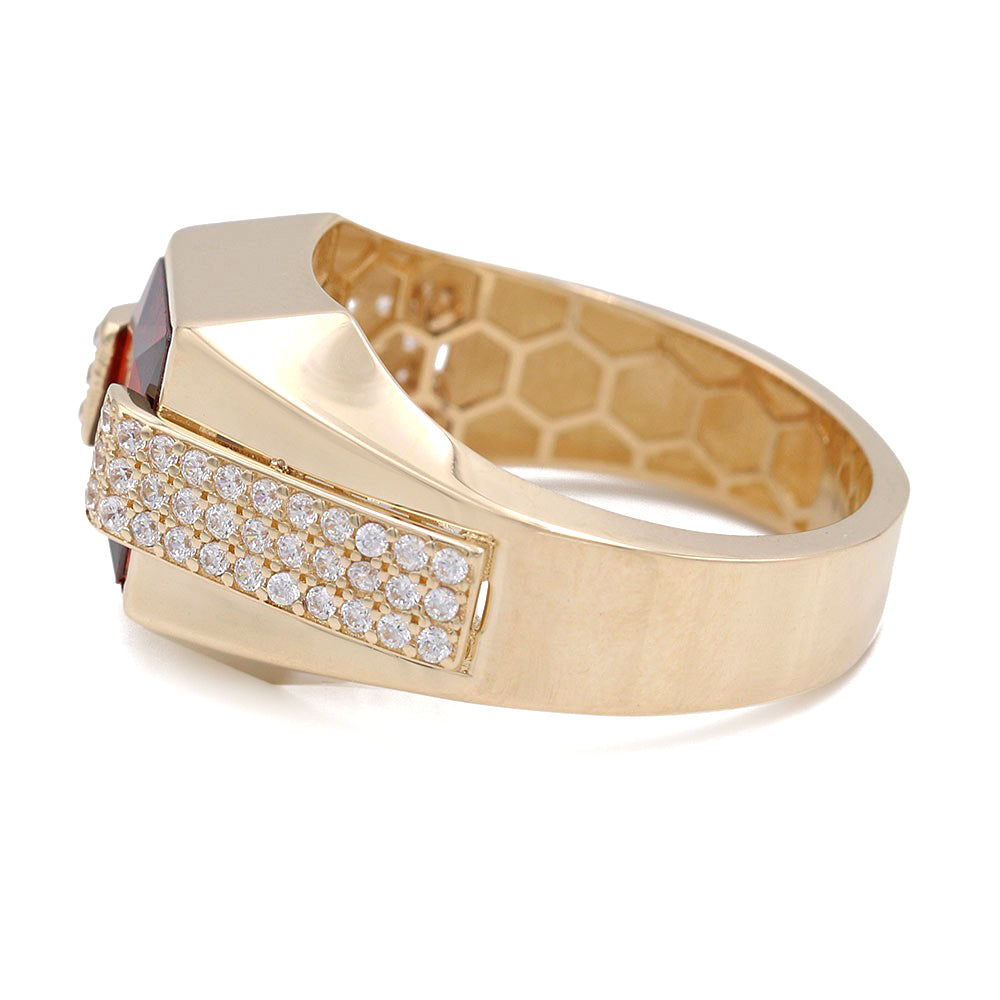 14K Yellow Red Color Center Stone Ring with Cubic Zirconias