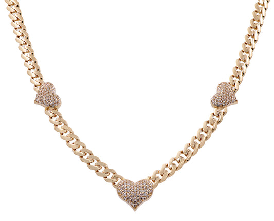 14K Yellow Gold Fashion Cuban Links and Hearts Necklace with Cubic Zirconias