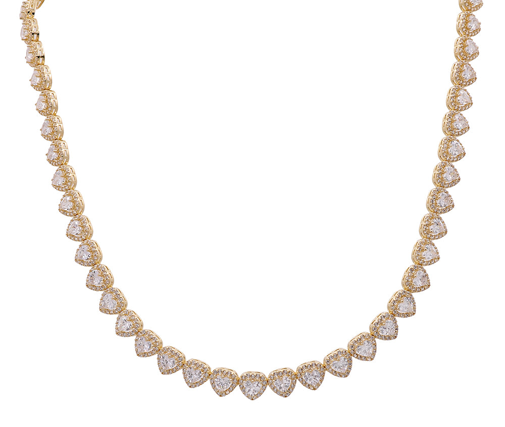 14K Yellow Gold Women's Fashion Hearts Necklace with Cubic Zirconias