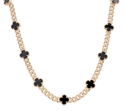 14K Yellow Gold Women's Fashion Onyx Flowers Necklace