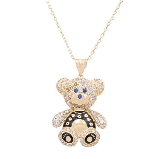 14K Yellow Gold Bear Pendant with Cubic Zirconias and Color Stones Necklace Weight: 4.6 GR