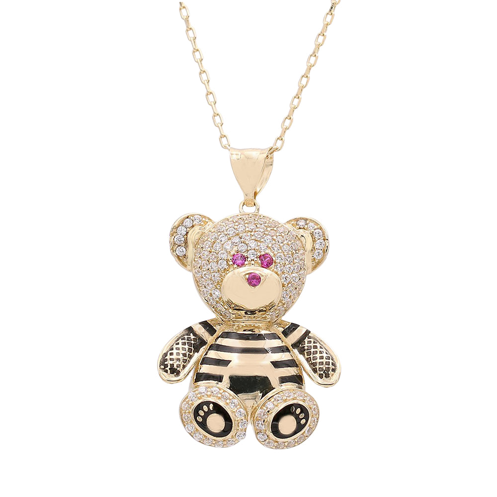 14K Yellow Gold Bear Pendant with Cubic Zirconias and Color Stones Necklace