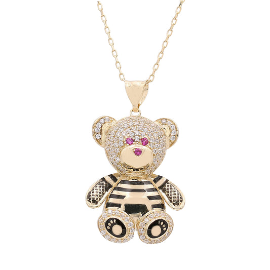 14K Yellow Gold Bear Pendant with Cubic Zirconias and Color Stones Necklace