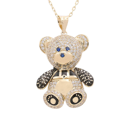 14K Yellow Gold Bear Pendant with Cubic Zirconias and Color Stones Necklace