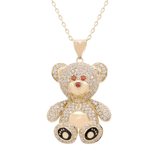 14K Yellow Gold Bear Pendant with Cubic Zirconias and Color Stones Necklace