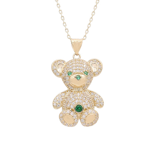 14K Yellow Gold Bear Pendant with Cubic Zirconias and Color Stones Necklace