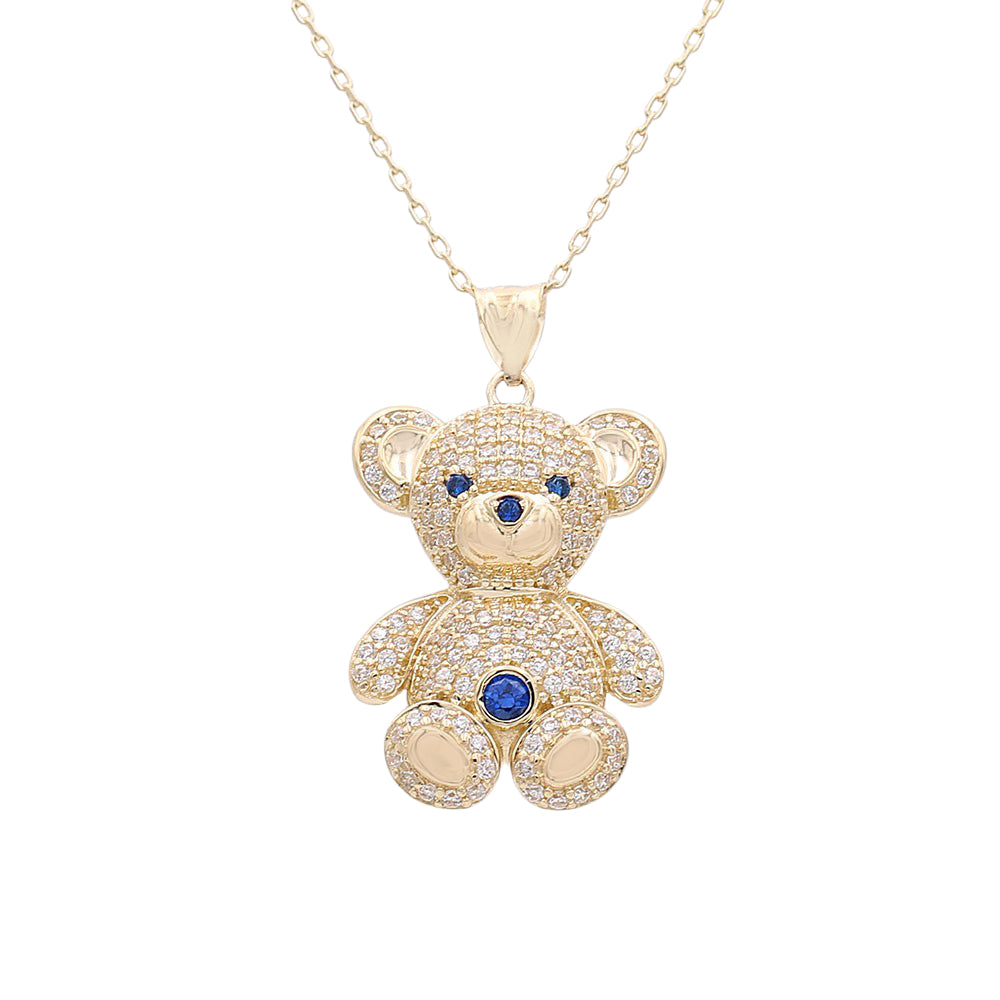 14K Yellow Gold Bear Pendant with Cubic Zirconias and Color Stones Necklace