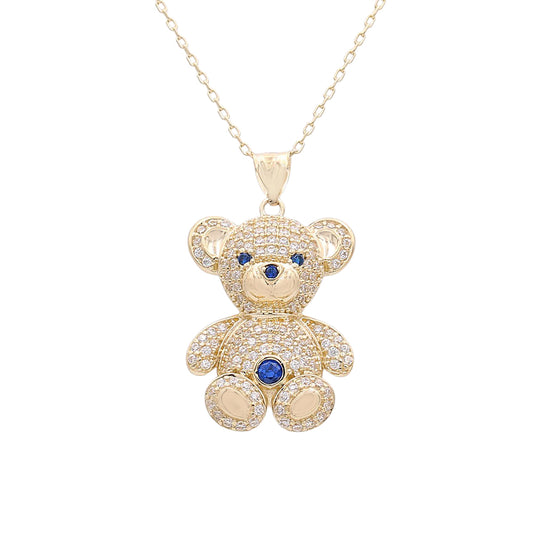 14K Yellow Gold Bear Pendant with Cubic Zirconias and Color Stones Necklace