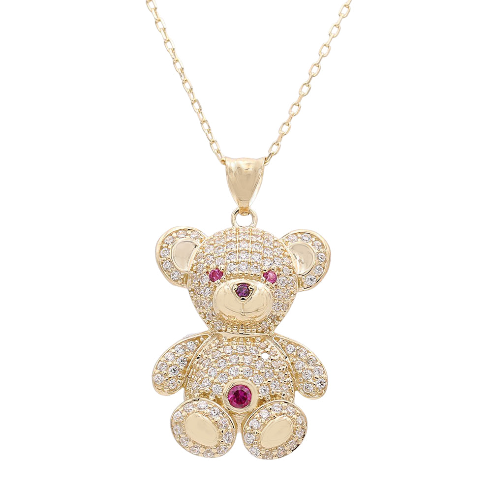 14K Yellow Gold Bear Pendant with Cubic Zirconias and Color Stones Necklace