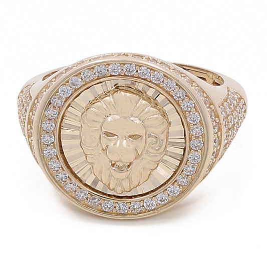 14K Yellow Gold Men's Lion Ring with Cubic Zirconias