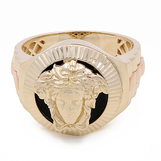 14K Yellow and Rose Gold Men's Medusa Ring with Onyx