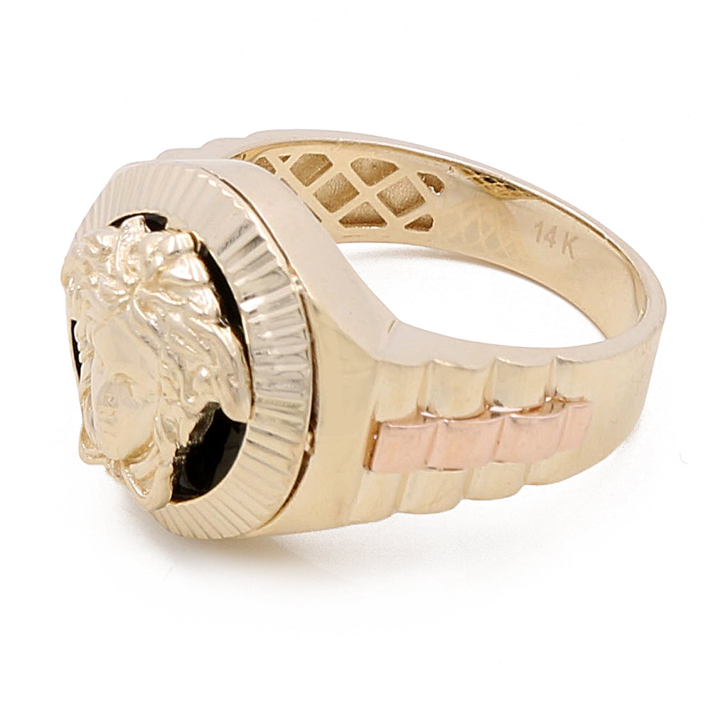 14K Yellow and Rose Gold Men's Medusa Ring with Onyx