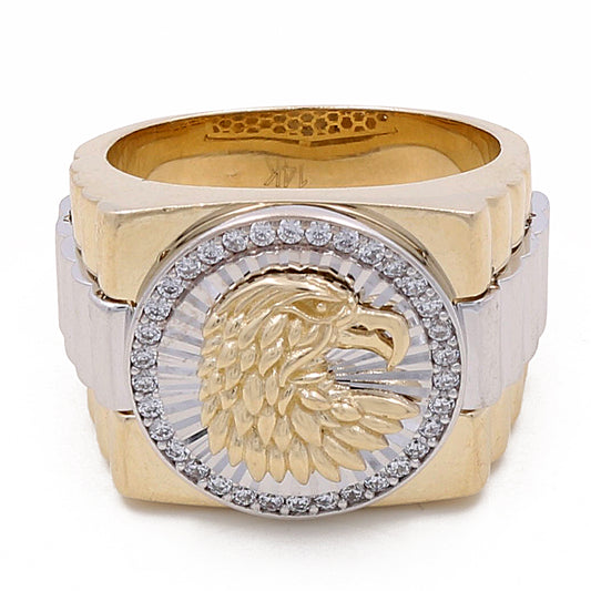 14K Yellow and White Gold Men's Eagle Ring with Cubic Zirconias