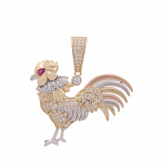 14K Yellow and White Rooster Pendant with Cubic Zirconias and Color Stones