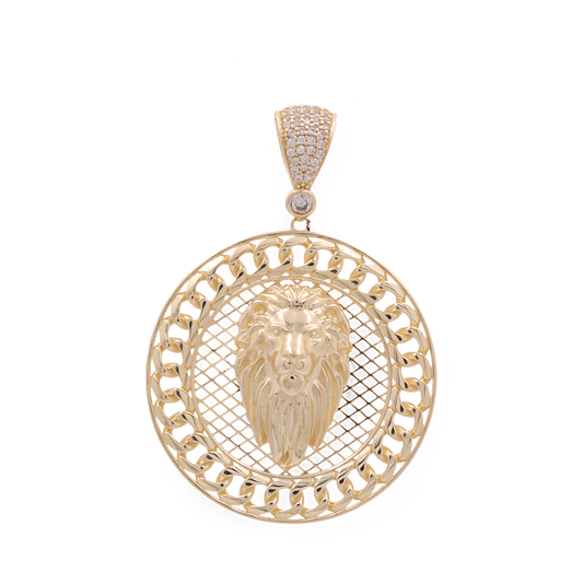 14K Yellow Gold Lion Head Round Pendant