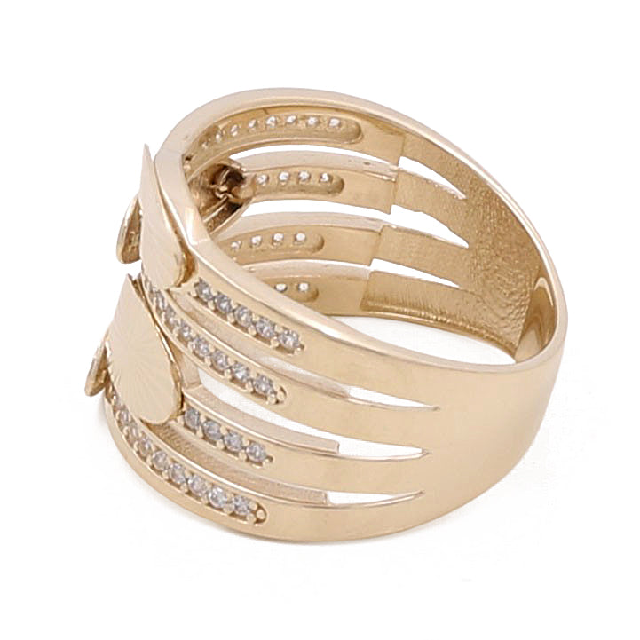 14K Yellow Gold Leafs Women's Ring with Cubic Zirconias