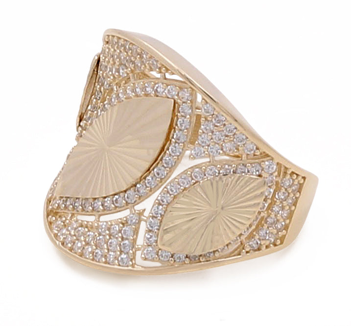 14K Yellow Gold Leafs Women's Ring with Cubic Zirconias