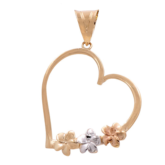 14K Tri-Color Gold Heart with Flowers Pendant