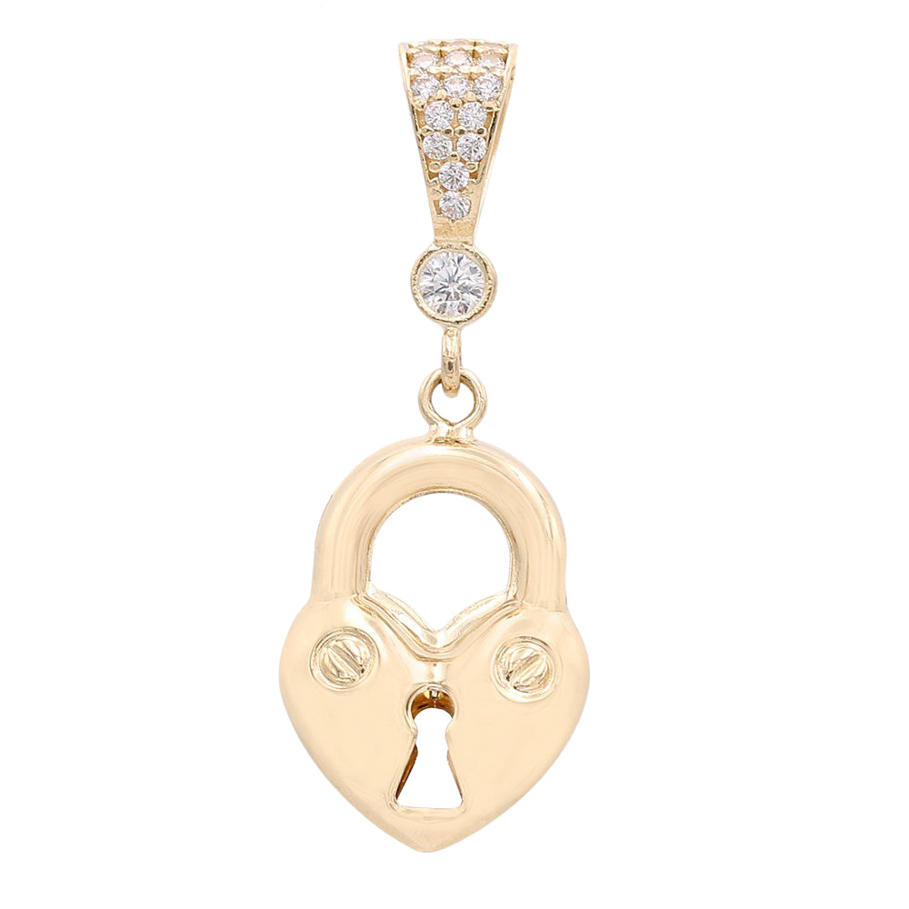14K Yellow Gold Fashion Heart Lock Pendant with Cubic Zirconias