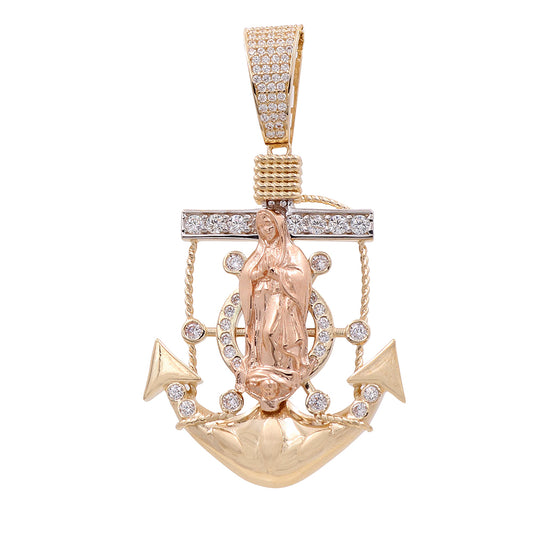 14K Yellow and Rose Gold Virgin on Anchor Pendant with Cubic Zirconias