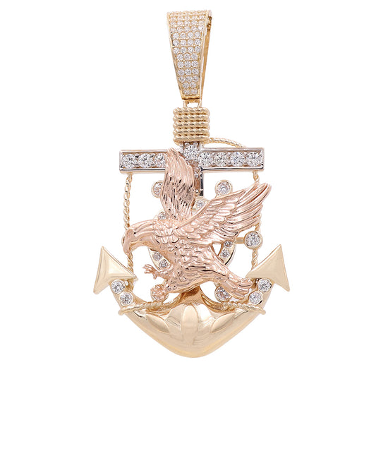 14K Yellow and Rose Gold Eagle on Anchor Pendant with Cubic Zirconias