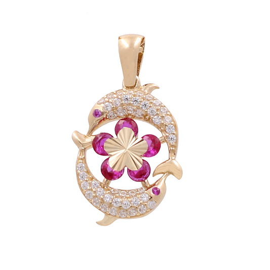 14K Yellow Gold Dolphins Pendant with Cubic Zirconias and Color Stones